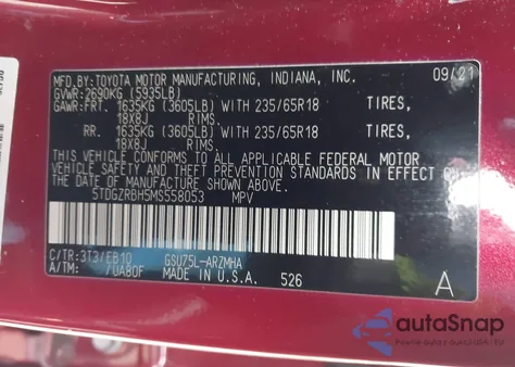 2021 Toyota Highlander Xle z USA, uszkodzony, nr VIN 5TDGZRBH5MS558053